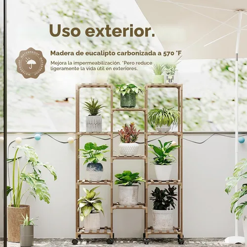 Vista 3 de Bamworld - Soporte para plantas con ruedas de madera para interior y exterior, estante para múltiples plantas con 11 macetas, soporte alto y grande