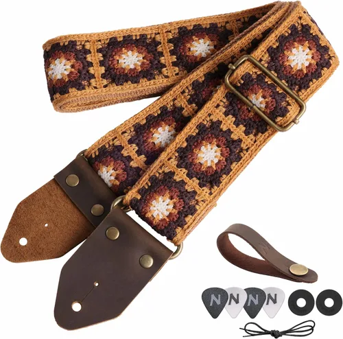 Vista 11 de Nefelibata Correa de guitarra, correas de guitarra de algodón bordado jacquard con extremos de cuero de caballo loco para bajo, eléctrico