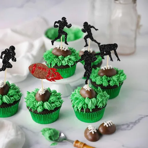 Vista 4 de 24 piezas de pelota de rugby para magdalenas, jugadores de fútbol, selecciones deportivas para cupcakes, temática de deportes de rugby, baby shower