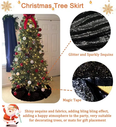 Vista 3 de Falda de árbol de Navidad pequeña de lentejuelas de 24 pulgadas, color negro, para árbol fino de 1.5 pies, decoración de Navidad, faldas de árbol