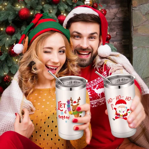 Vista 2 de 12 Piezas Vasos Navideños de Regalo 20oz Vaso de Viaje Navideño Taza Navideña de Acero Inoxidable Aislado Taza de Café con Tapa y Pajita para Regalo