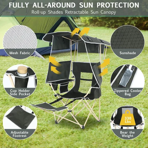 Vista 5 de Silla de camping con toldo, sillas deportivas para adultos, silla de toldo con reposapiés extraíble, silla de pesca en hielo con portavasos