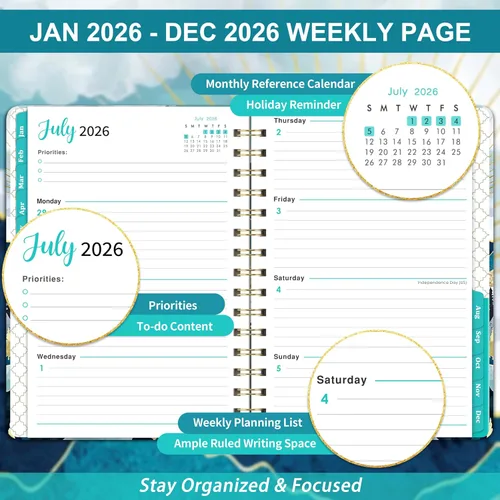 Vista 4 de Agenda 2026 – Enero 2026 – Diciembre 2026, Planificadores 2026, Agenda 2026 Semanal y Mensual, Pestañas, 6.3" x 8.4", Bolsillo Trasero, Tapa Dura