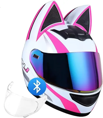 Vista 11 de Casco Bluetooth de motocicleta con orejas de gato, certificado DOT, casco de motocicleta de cara completa, lindos cascos de gato con visera HD