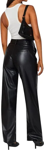 Vista 4 de Biivrii Leggings de piel sintética para mujer, pantalones de cintura alta, rectos, pierna ancha, de piel sintética, pantalones sólidos casuales