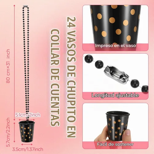 Vista 2 de Huquary Paquete de 24 Collares de Vaso de Chupito, Vasos de Chupito de Plástico en Collar de Cuentas, Collar de Cumpleaños de Plástico Negro