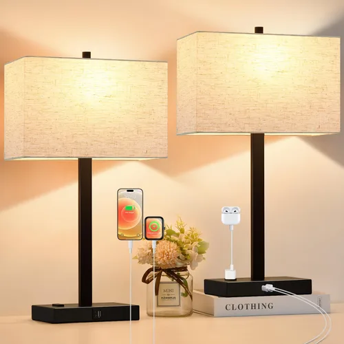 Vista 14 de Lynnoland Juego de 2 lámparas de noche de 21 pulgadas con tomas USB A+C y CA, control táctil, regulables de 3 vías, para dormitorio, sala de estar