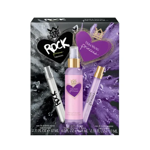 Vista 3 de Vera Wang Princess + Rock Princess, bruma corporal y Eau de Toilette en spray (2) set de regalo de 3 piezas, notas de durazno, jazmín y vainilla