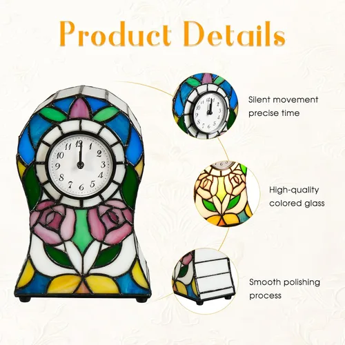 Vista 3 de Lámpara estilo Tiffany con estampado de rosas Pequeña lámpara de vitral, lámpara de reloj creativo, decoración para sala de estar, salón, comedor