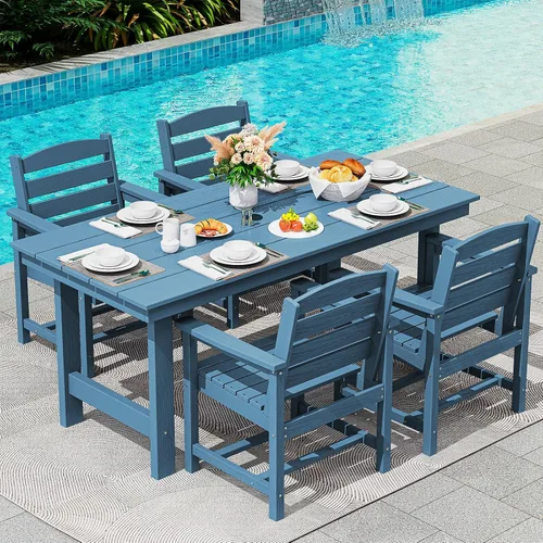 Vista 23 de SERWALL Juego de mesa de comedor de 7 piezas, muebles de comedor de polietileno de alta densidad para exteriores con agujero para paraguas y 6 Negro