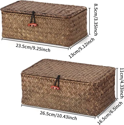 Vista 6 de Moosky Cestas de mimbre con tapa, cesta tejida a mano de pastos marinos para cestas de almacenamiento, cajas de regalo rectangulares para el hogar