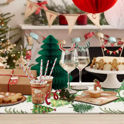 Vista 6 de OTOSTAR Camino de mesa de árbol de Navidad, Navidad, Navidad, Navidad, Navidad, caminos de mesa de cocina, comedor, decoración de mesa de lino