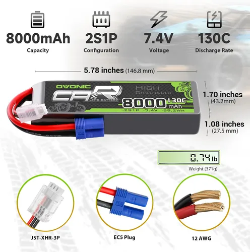 Vista 2 de OVONIC 2S LiPo Batería 8000mAh 7.4V 130C RC Batería con conector EC5 (paquete de 2) (con comprobador de voltaje Lipo)