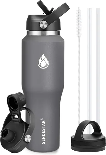 Vista 12 de SENDESTAR - Botella de agua de 0,9 L, 2 tapas (tapa con pajita), boca ancha de acero inoxidable aislada al vacío, doble pared, mantiene los líquidos
