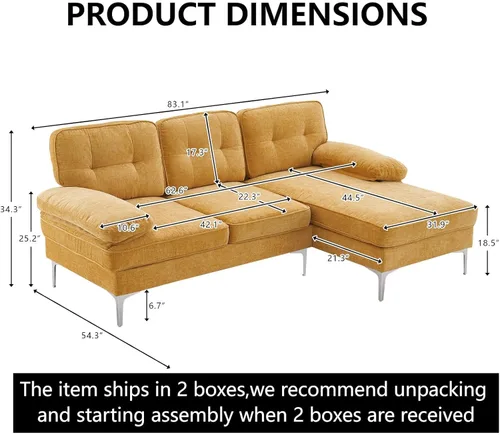 Vista 2 de Moderno sofá modular en forma de L de 85 pulgadas, felpilla con patas de hierro y diván, sofá modular de interior simple y elegante para sala
