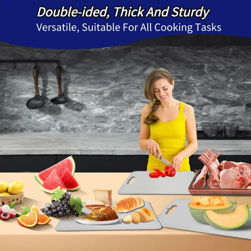 Vista 4 de Tablas de cortar de titanio para cocina, tabla de cortar de acero inoxidable de doble cara, diseño colgable, fácil de limpiar, duradera y resistente