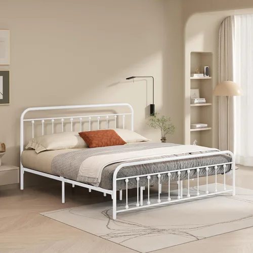 Vista 15 de Marco de cama de metal tamaño matrimonial con cabecero y estribo, sin somier, color blanco