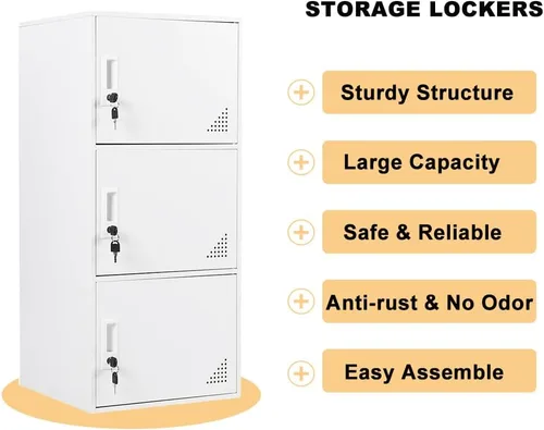 Vista 9 de Casillero de Metal de 3 Puertas Gabinete de Almacenamiento de Acero, Casilleros de Almacenamiento de Oficina para Empleados, Gabinetes de Metal