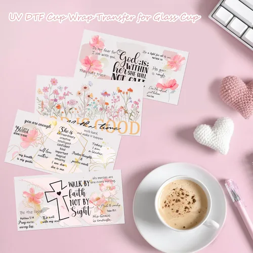 Vista 6 de Adhesivo UV DTF para tazas, 4 hojas de transferencia de flores de la Biblia UV DTF para vidrio de 16 onzas, floral, citas inspiradoras, versículo