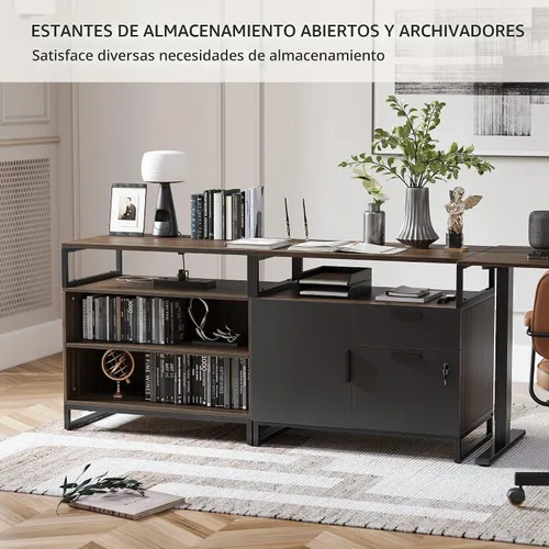 Vista 5 de FEZIBO Escritorio de pie en forma de L de 66 pulgadas con cajones y estantes, mesa ejecutiva de altura ajustable, parte superior de nogal