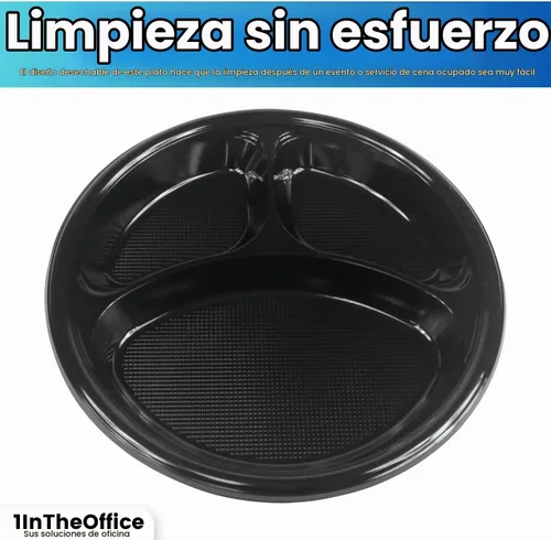 Vista 5 de Platos seccionales de plástico de 10 pulgadas con 3 compartimentos, platos desechables con compartimento, placas seccionales redondas negras de 10