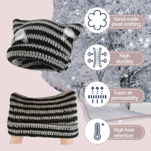 Vista 5 de Gorro de punto con orejas de gato para mujer, gorro de ganchillo con gorro de invierno a rayas, accesorios Y2K, gorros estilo gótico grunge