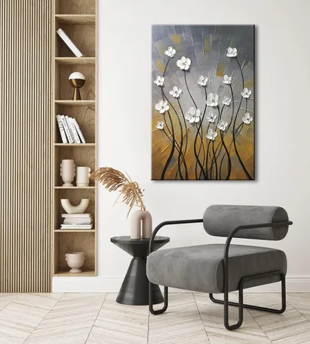 Vista 6 de Wieco Art Pinturas al óleo 100% pintadas a mano, lienzo abstracto, arte de pared, diseño moderno de flores estiradas, listo para colgar, para sala