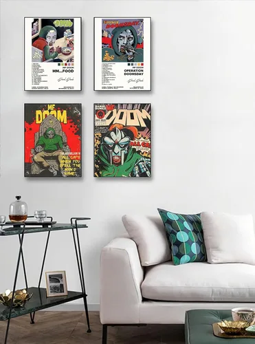 Vista 4 de ZONTO Mf Doom - Pósteres de portada de álbum de rapero firmado con música limitada, juego de 4 pósteres estéticos para sala de estar, dormitorio