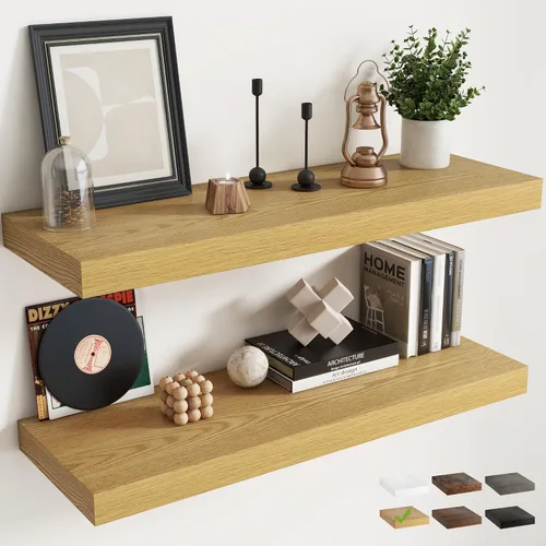 Vista 21 de Juego de 2 estantes flotantes de 16 pulgadas para pared, estantes de baño de grano de madera de 12 pulgadas de profundidad con soportes invisibles