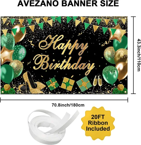 Vista 4 de Avezano Cartel verde de feliz cumpleaños verde dorado negro telón de fondo de feliz cumpleaños con purpurina decoración de fiesta de cumpleaños