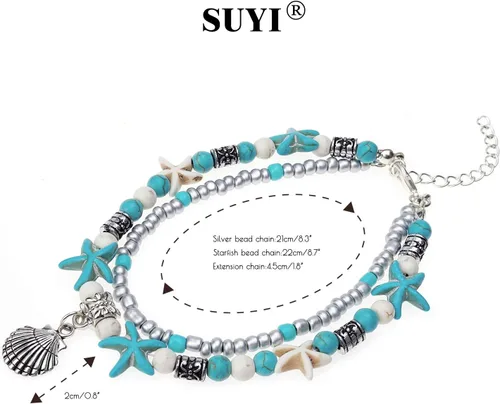 Vista 5 de Suyi 5 pulseras de tobillo para mujer, tobilleras ajustables en capas de playa, tobilleras de cadena bohemia, joyería de pie