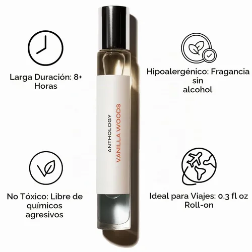 Vista 3 de Anthology Vanilla Woods Perfume Oil roll-on 0.3oz Notas de madera y vainilla Rollerball sin alcohol
