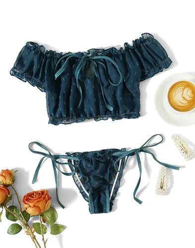 Vista 3 de SheIn Conjunto de lencería de malla Dobby con ribete de volantes para mujer