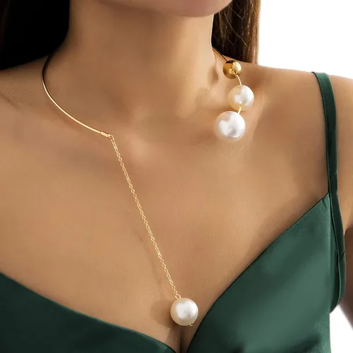Vista 6 de Gargantilla de metal con perlas abiertas, collar ajustable con colgante de perlas elegante, collar de cadena para mujer