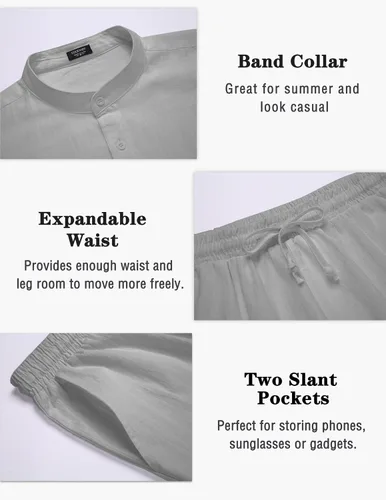 Vista 5 de COOFANDY Conjuntos de lino para hombre, 2 piezas, camisa de manga larga y pantalones cortos casuales con cordón en la cintura, trajes de verano