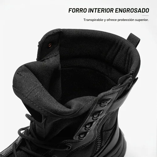 Vista 4 de Coostar Botas tácticas para hombre, ligeras, botas de combate militar, botas de trabajo con cremallera lateral, botas de motocicleta, para Negro