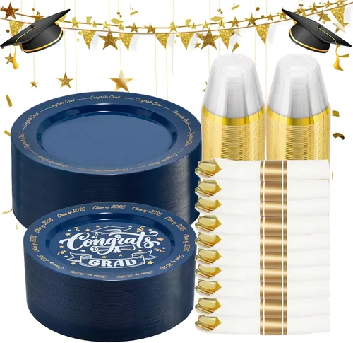 Vista 18 de Goodluck Juego de vajilla de plástico dorado de 175 piezas para 25 invitados, platos desechables elegantes para fiestas, incluye: 25 platos llanos