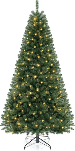 Vista 11 de Goplus Árbol de Navidad preiluminado de 6 pies, árbol de Navidad artificial con bisagras con 200 luces LED blancas cálidas, 8 modos de iluminación