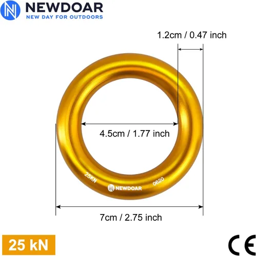 Vista 2 de NewDoar Rappel Ring 25kN Oro Grande O-Ring Cuerda Conector para Escalada Arborista Rescate Hamaca y Slackline