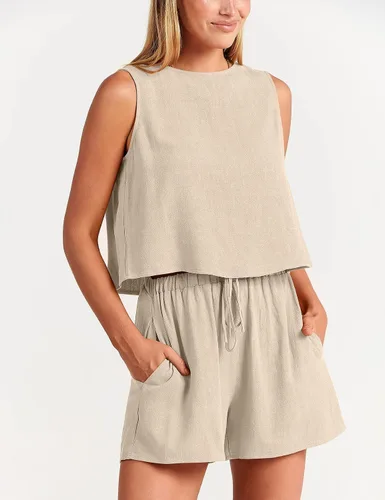 Vista 4 de GIVNUAN Conjunto de 2 piezas de lino con cuello cuadrado para mujer, conjunto de pantalones cortos a juego para la playa, verano 2023 a la moda
