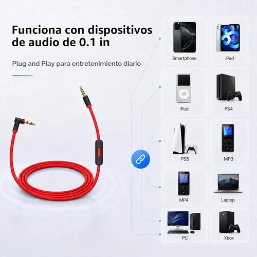 Vista 3 de Cable de audio de repuesto para Beats Studio, Solo, Pro, Detox, Mixr Negro rojo