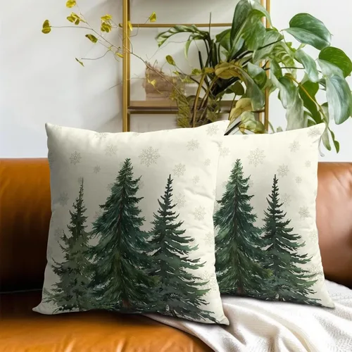 Vista 7 de Fundas de Almohada de Bosque de Pinos 22x22 Juego de 2, Fundas de Almohada Decorativas de Árboles de Abeto y Cedro Verde Nieve Beige de Invierno
