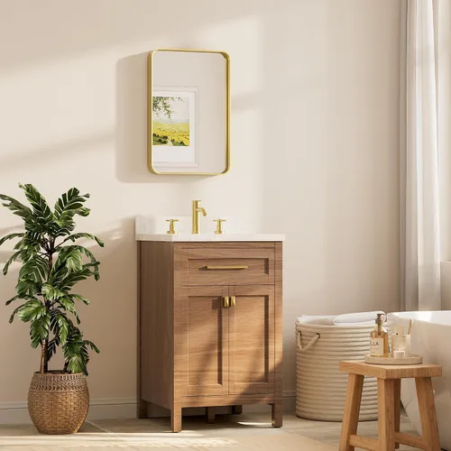 Vista 2 de Espejo de marco dorado cepillado de 16 x 24 pulgadas, espejo de tocador de baño de latón dorado para pared, espejo enmarcado rectangular de esquina