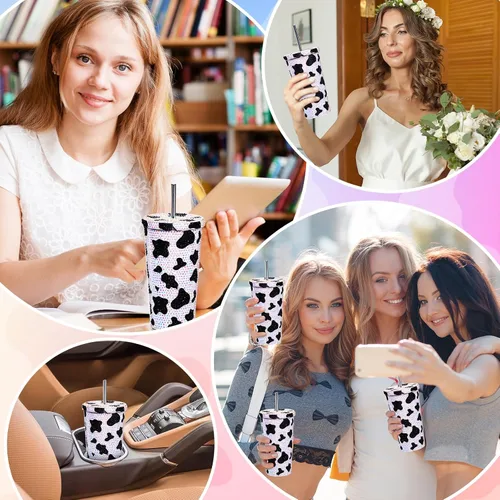 Vista 6 de Yaomiao Botella de agua con estampado de vaca, vaso de diamantes de imitación para mujer, botella de agua de vaca con purpurina de 17 onzas
