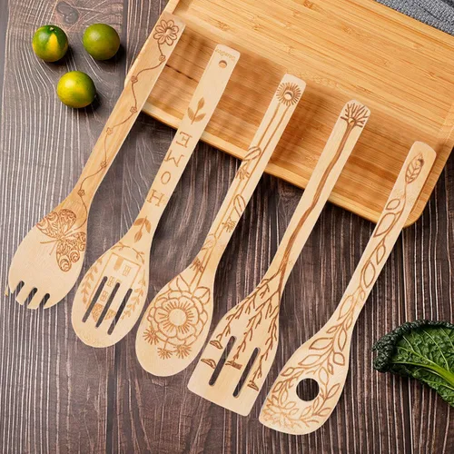 Vista 4 de Juego de 5 cucharas para tallar, cucharas de madera quemadas, cucharas de madera, kit de utensilios de cocina para cocina