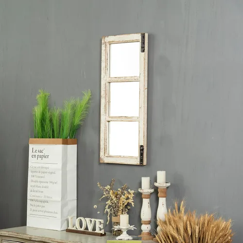 Vista 9 de Espejo de Ventana con Marco de Madera Estilo Granja 14" x 33", Espejos de Ventana Rústicos Blancos Desgastados para Colgar Verticalmente