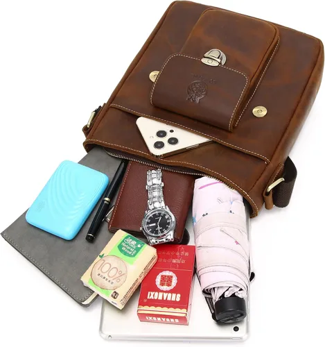 Vista 5 de LUKZIJAES Bolso de hombro de cuero para hombre, bandolera cruzada para trabajo, vintage, ajustable, para viajes, negocios, hombres