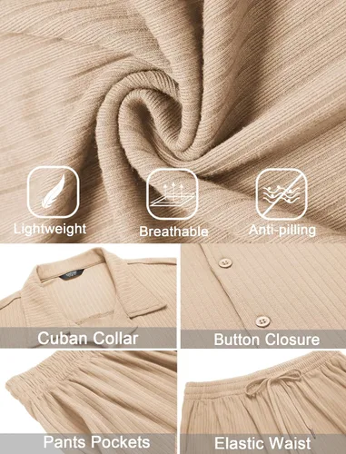 Vista 6 de COOFANDY Conjunto de 2 piezas para hombre, de manga larga, casual, con botones, camisa y pantalones, Camello