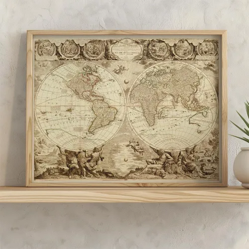 Vista 3 de Le Globe Terrestre - Póster enmarcado de 11 x 14 pulgadas, reproducción de mapa del mundo antiguo por Jean Baptiste Nolin, cartografía clásica