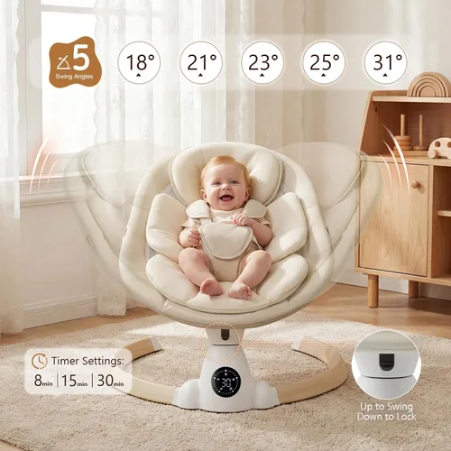 Vista 3 de Columpio eléctrico portátil para bebés con Bluetooth, 5 velocidades, 10 melodías, arnés de 5 puntos, control remoto y panel táctil, columpio Beige